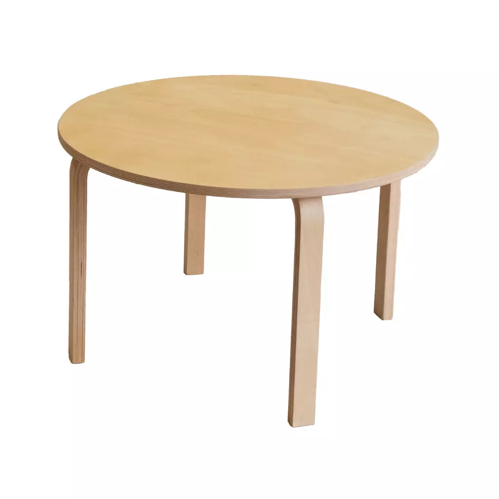 A minimalist round table made of light-colored natural wood, featuring curved legs on a white background.
