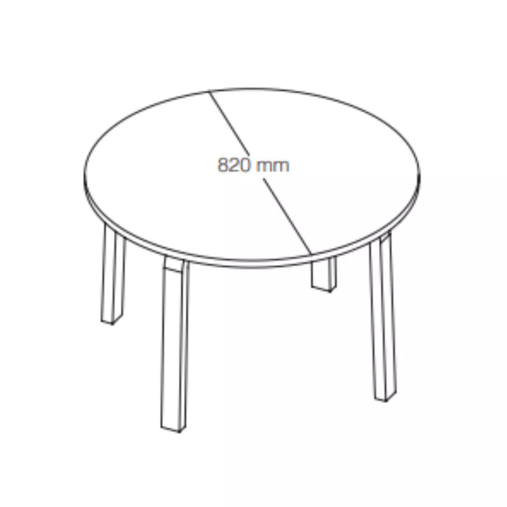A line drawing of a round table with four legs, showing a diameter measurement of 820 mm.
