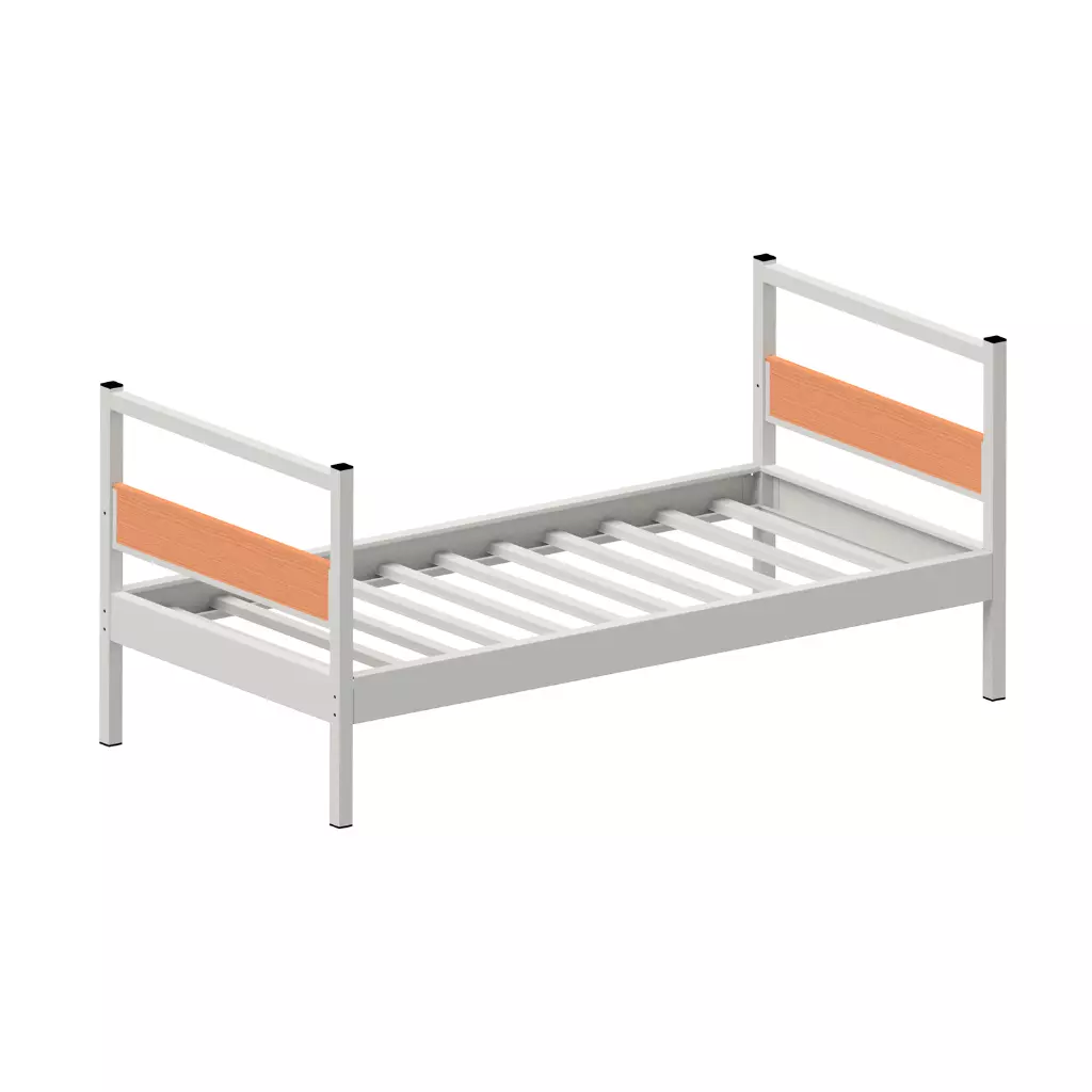 A single metal bed frame with wooden headboard and footboard.