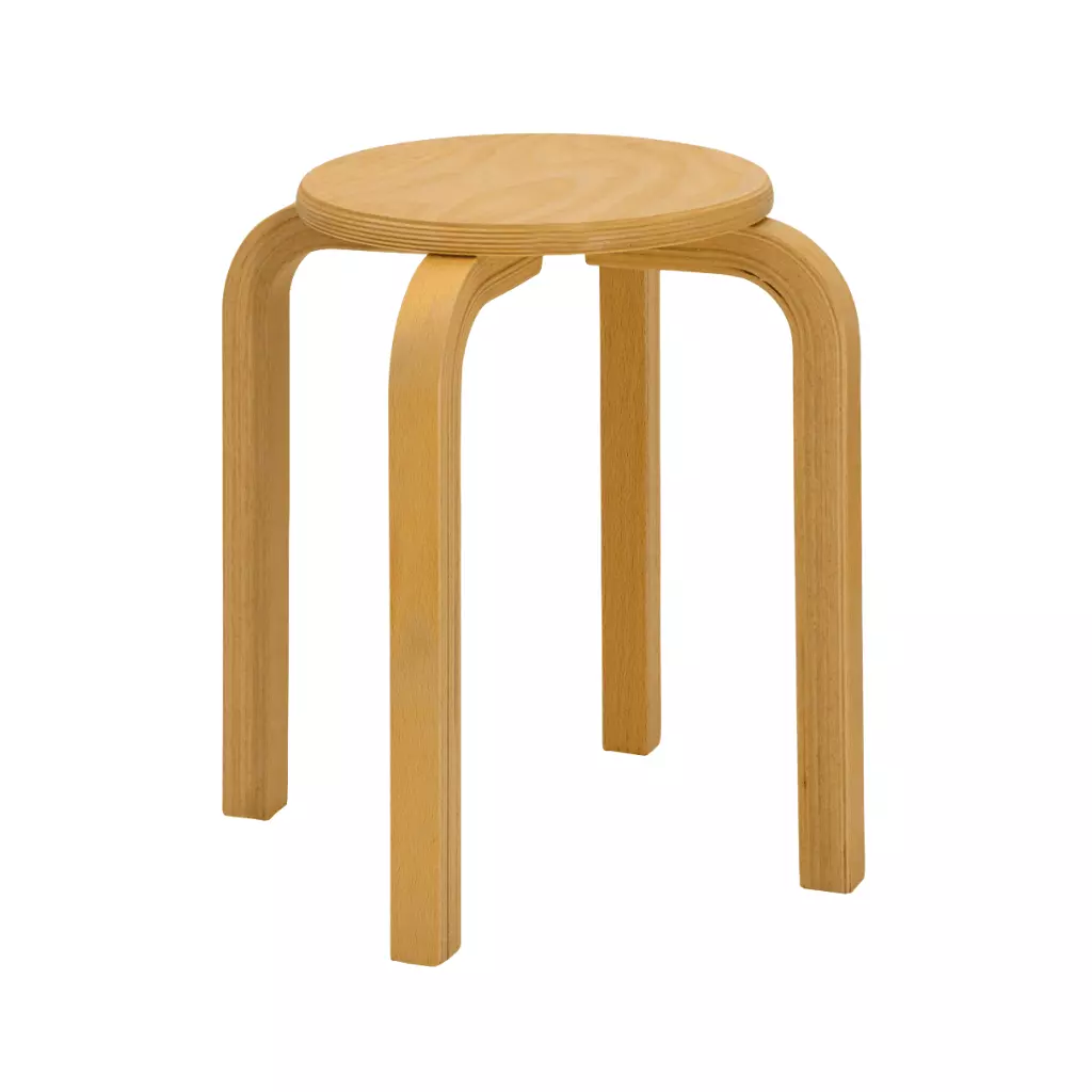 A single natural wooden stool presented against a white background, characterized by its simple and robust construction.