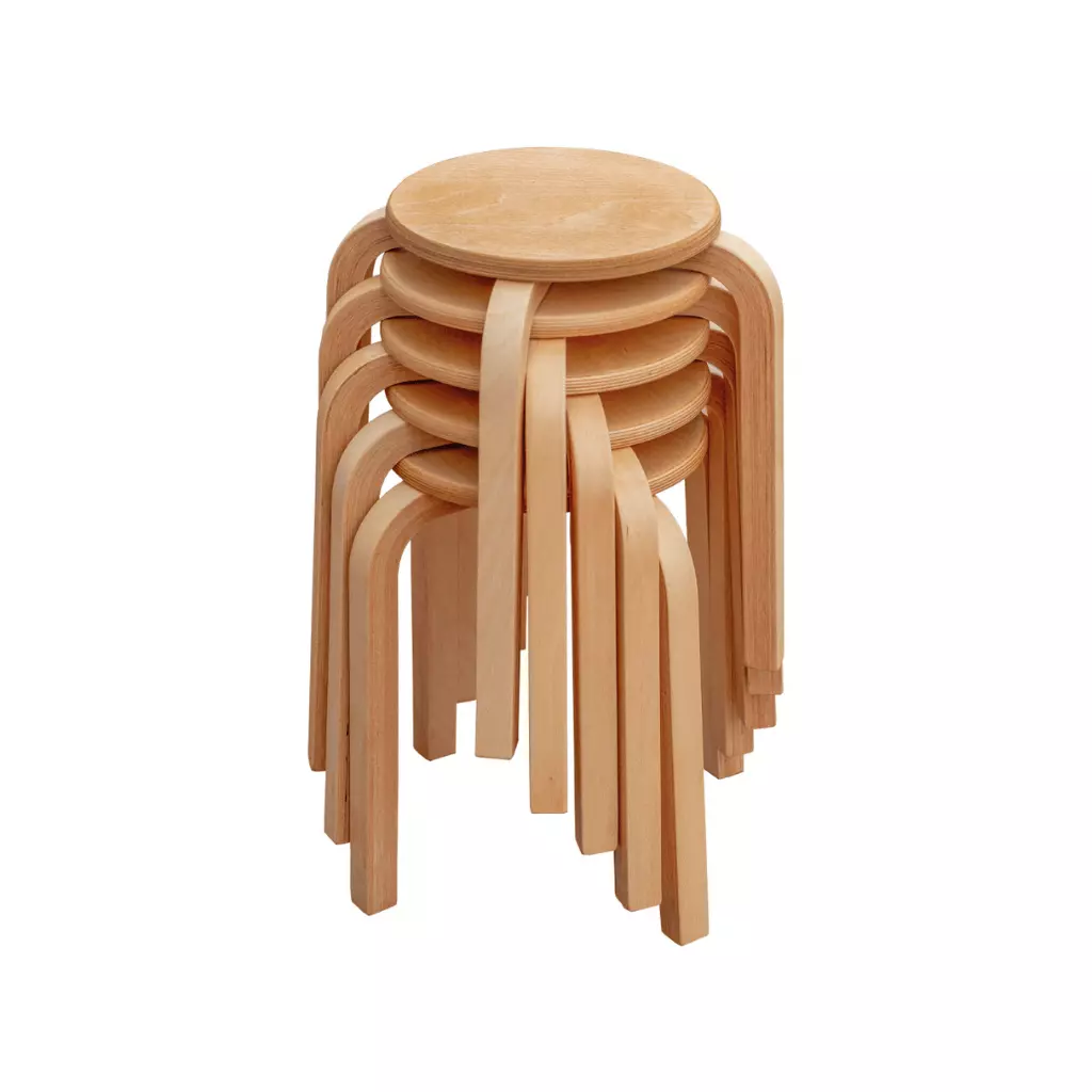 Four natural wooden stools stacked neatly, showcasing a space-saving and minimalist design ideal for compact living.