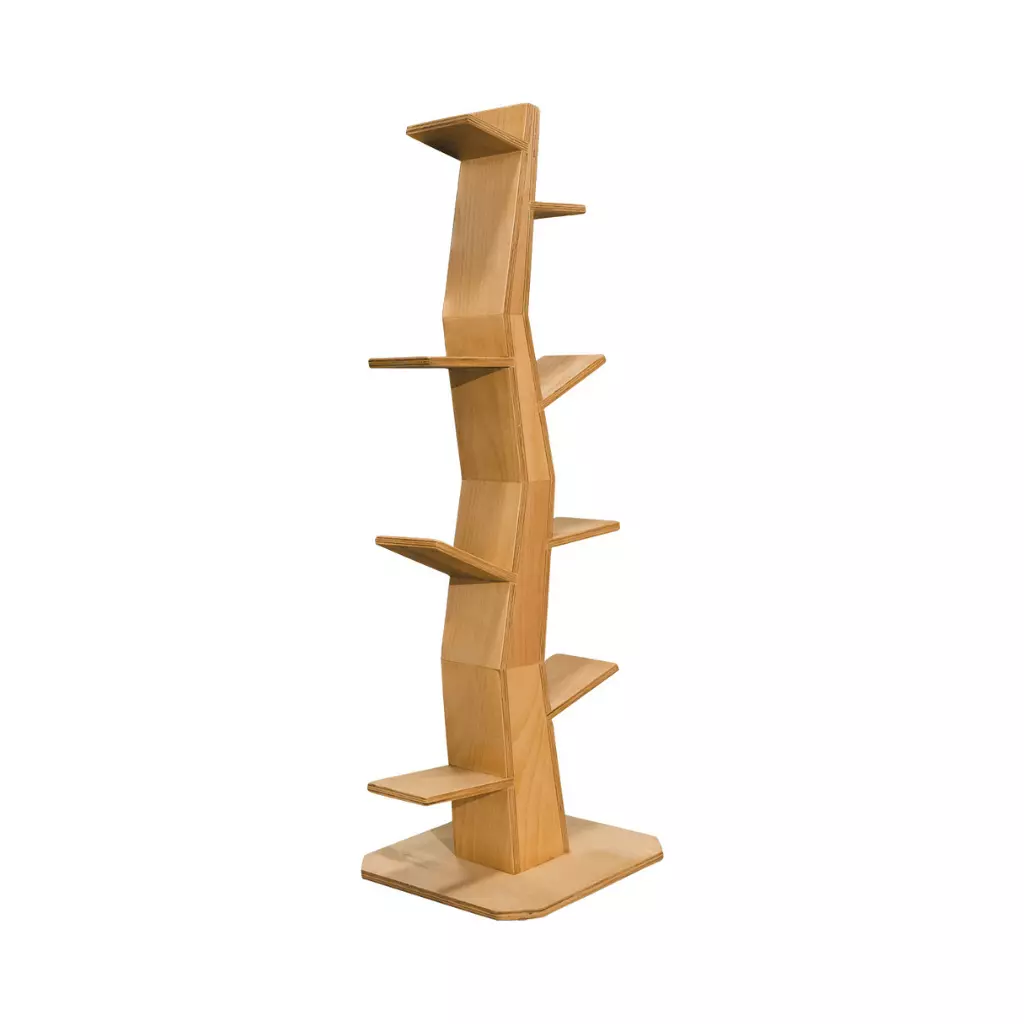 A tall, freestanding wooden bookcase designed in the shape of a tree, with multiple horizontal shelves acting as branches for books.